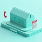 Low-poly illustration of a small clinic building beside a floating calendar grid and a phone block on a platform.