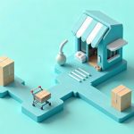 Low-poly illustration of a storefront and shopping cart linked by pathways to stacked parcel crates on a floating platform.