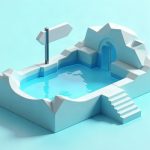 Low-poly illustration of a water recreation venue with a pavilion, a faceted wave basin and a two-way signpost on a floating platform.