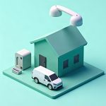 Low-poly illustration of a house, an outdoor AC unit, a service van and a floating phone shape on a platform.