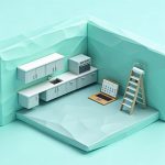 Low-poly illustration of a kitchen cutaway with cabinets, a paint roller, a stepladder, a laptop and a calendar grid on a floating platform.