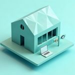 Low-poly illustration of a small house with large window frames beside a laptop and a search magnifier signpost on a floating platform.
